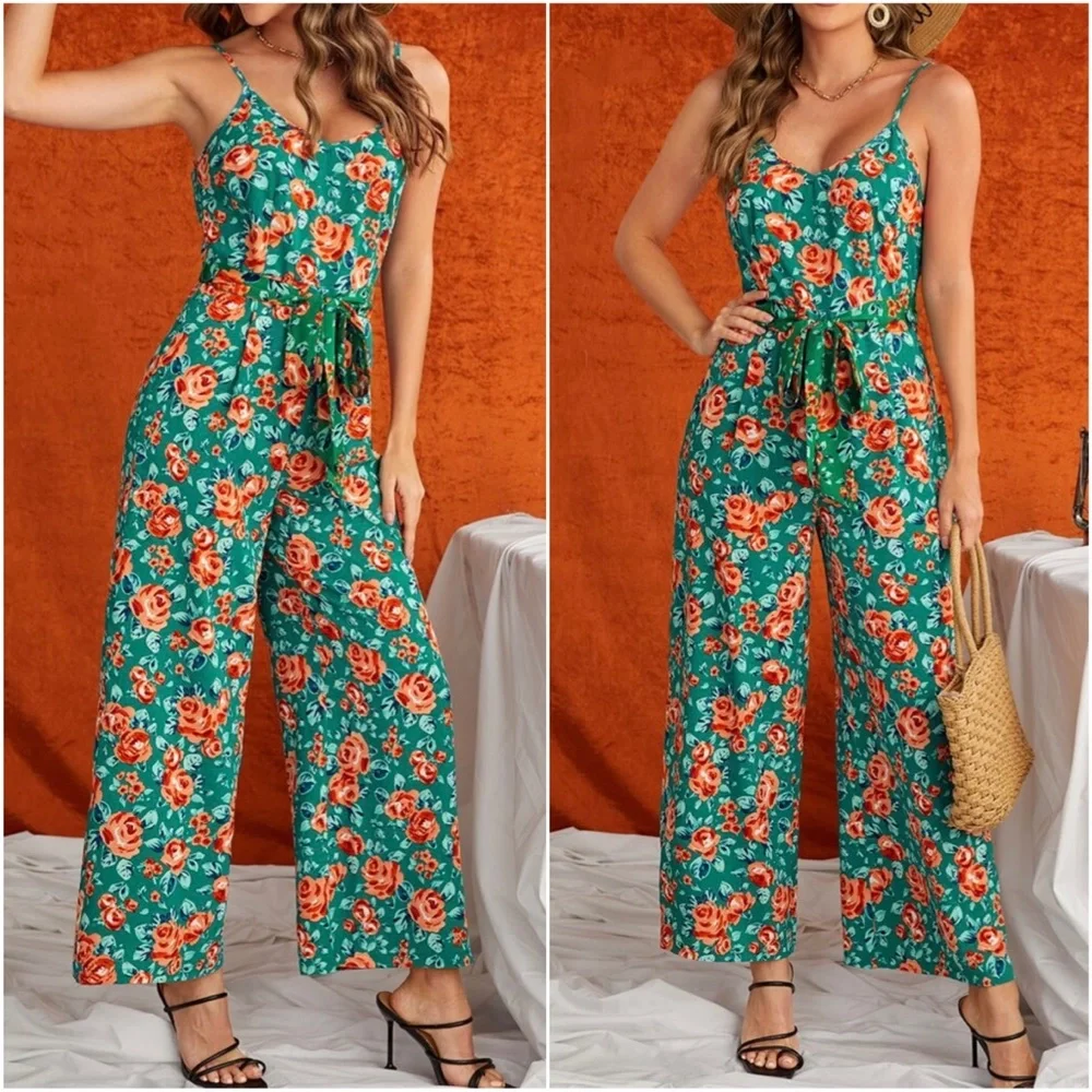 Boho Floral print Wide leg Belted Jumper Jumpsuit - Picture 1 of 3